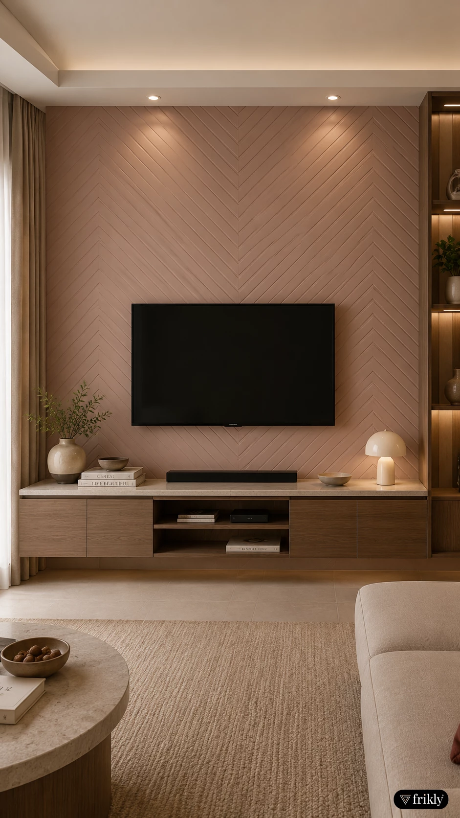 Modern TV Unit Design with Plain Solid Color Ziczac Fluted Laminates | Warm Minimal Living Room Interior