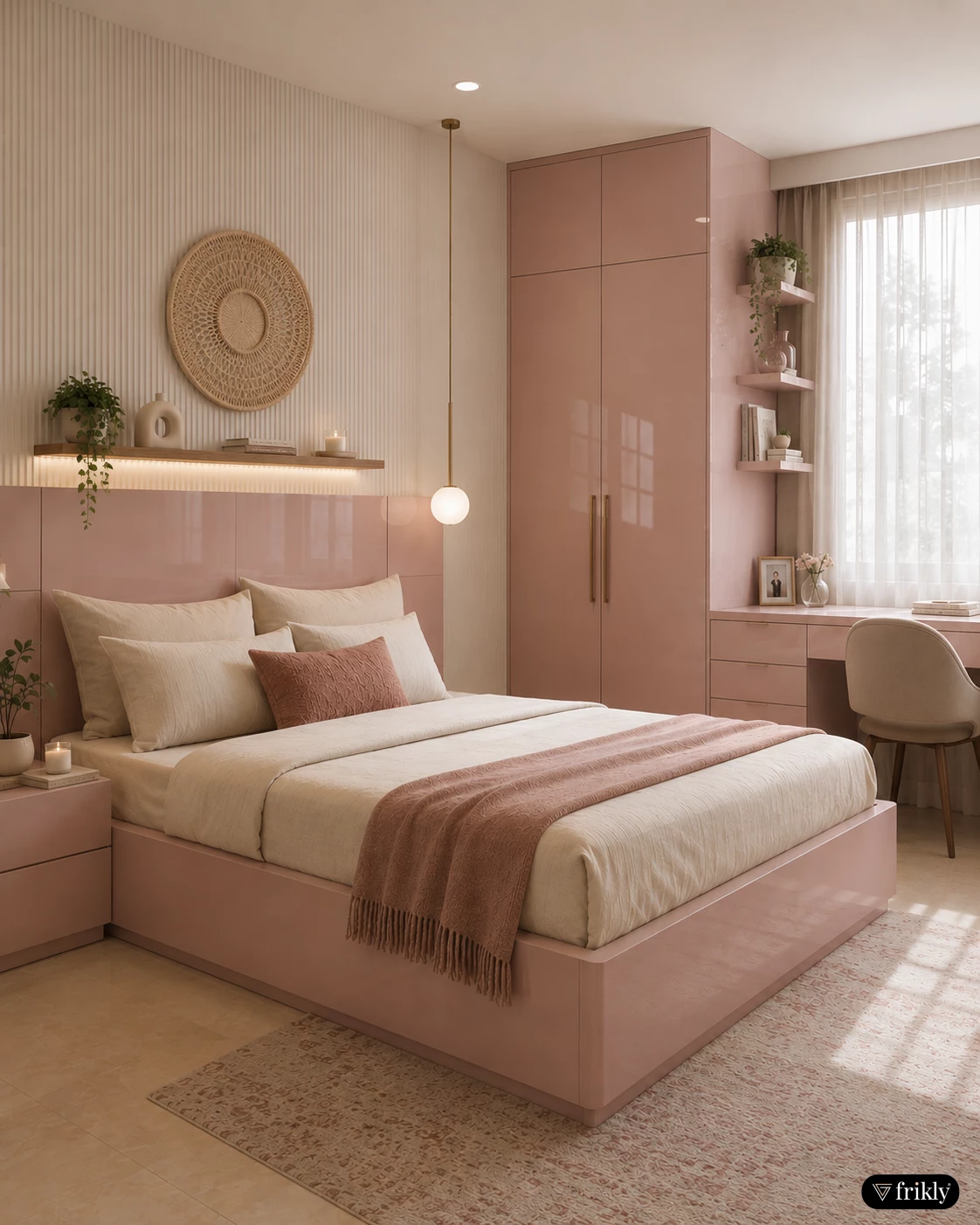 Blush Pink Glossy Laminate Bedroom Furniture Design for Modern Luxury Interiors