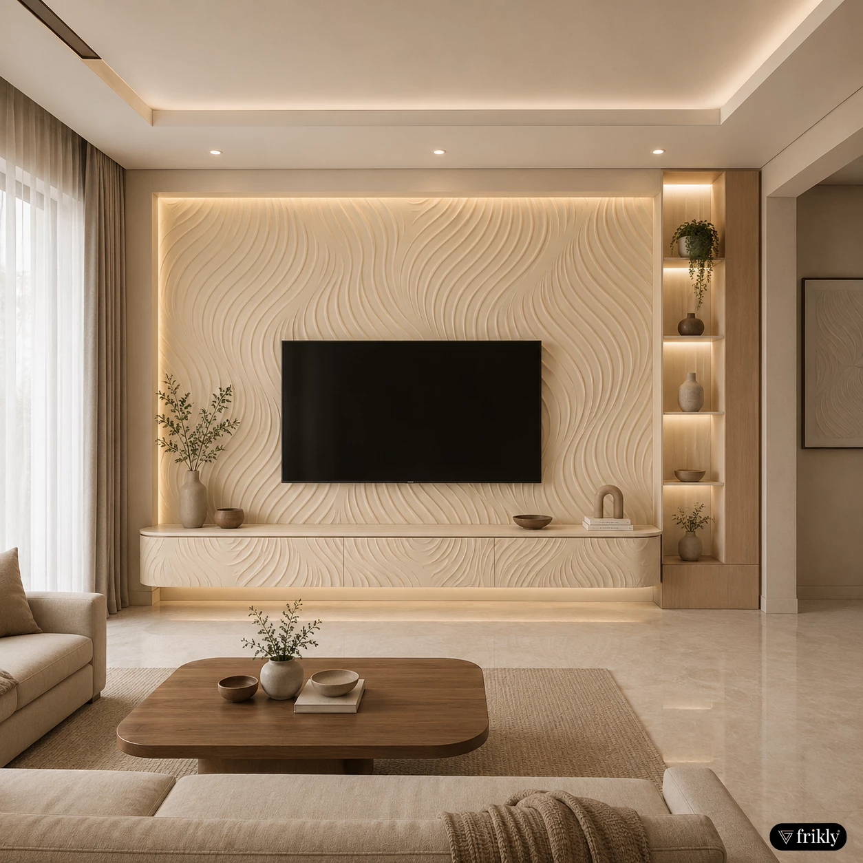 Modern TV Unit Design with Flexible Paintable Panels | Minimal Wave Texture Wall Interior