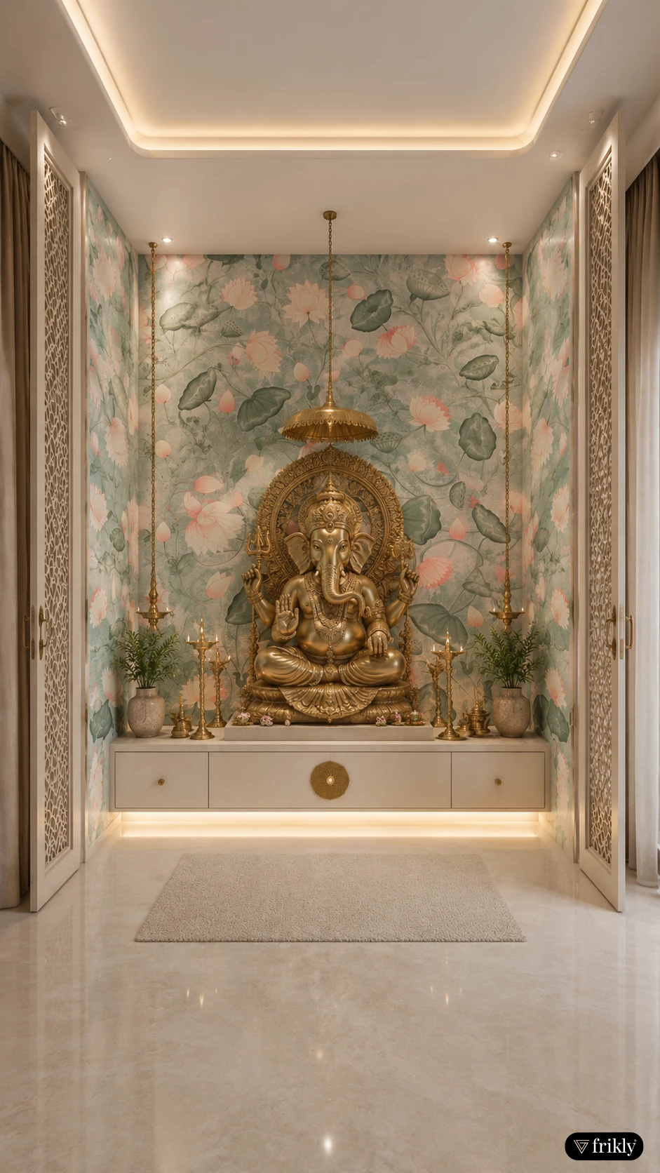 Luxury Mandir Design with Indian Folk Art Digital Laminates | Elegant Pooja Room Interior