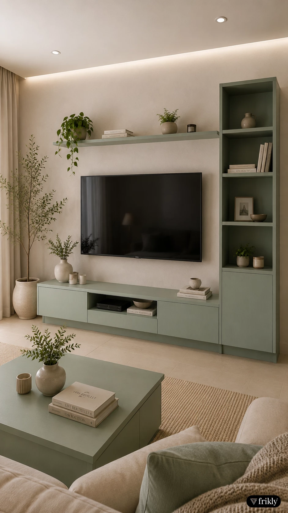 Modern Sage Green Veneer Finish TV Unit Design | Minimal Living Room Interior Inspiration