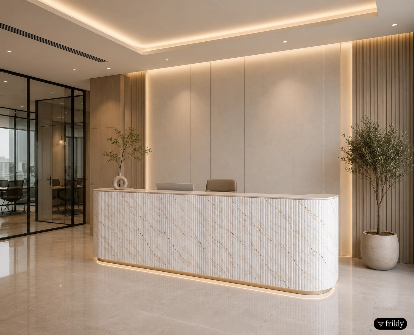 Luxury Office Reception Desk Design with Stone Marble Finish Flexible Louvers | Modern Commercial Interior