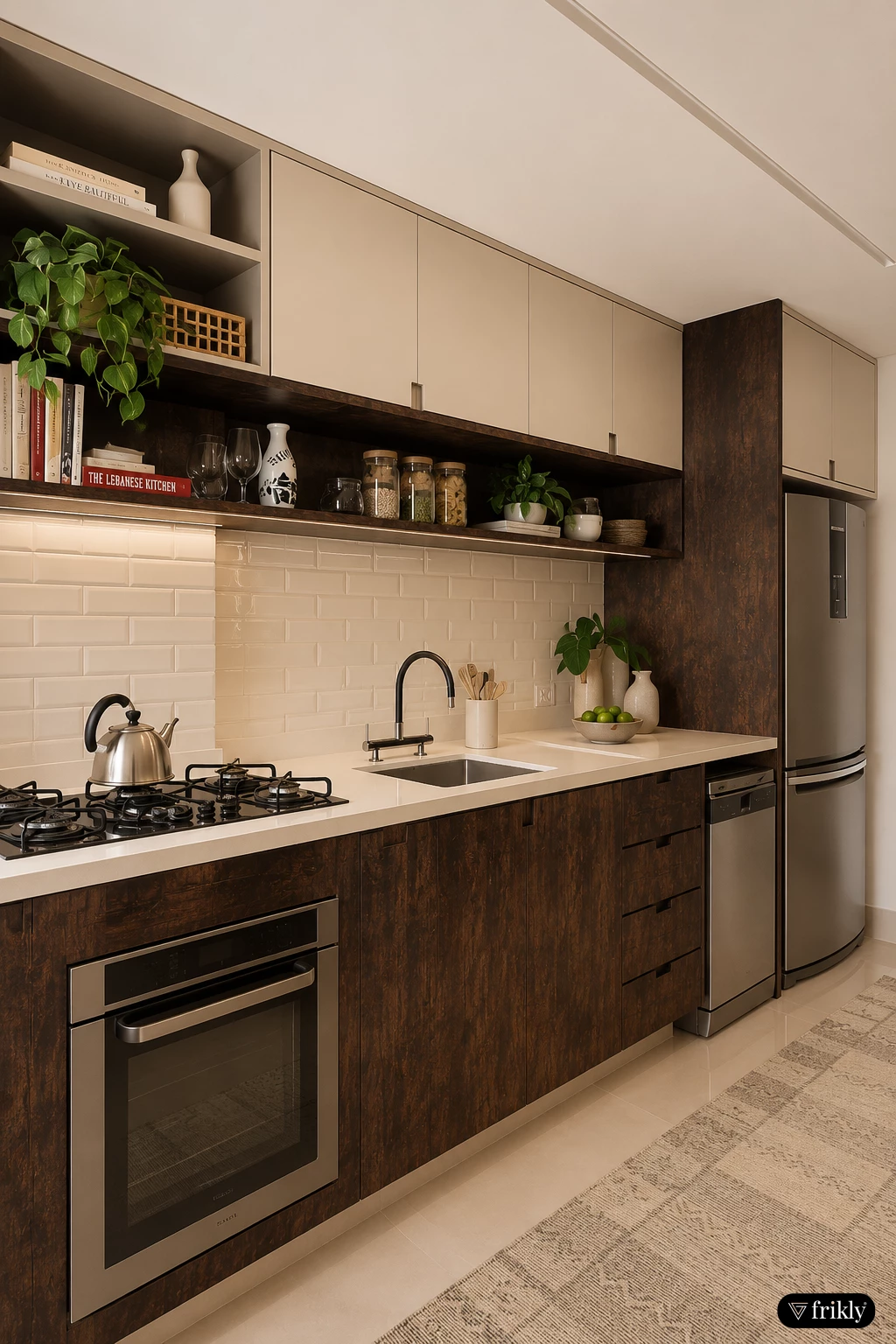 Luxury Kitchen Design with Wooden Glossy & Metallic Sparkle Acrylic Laminates