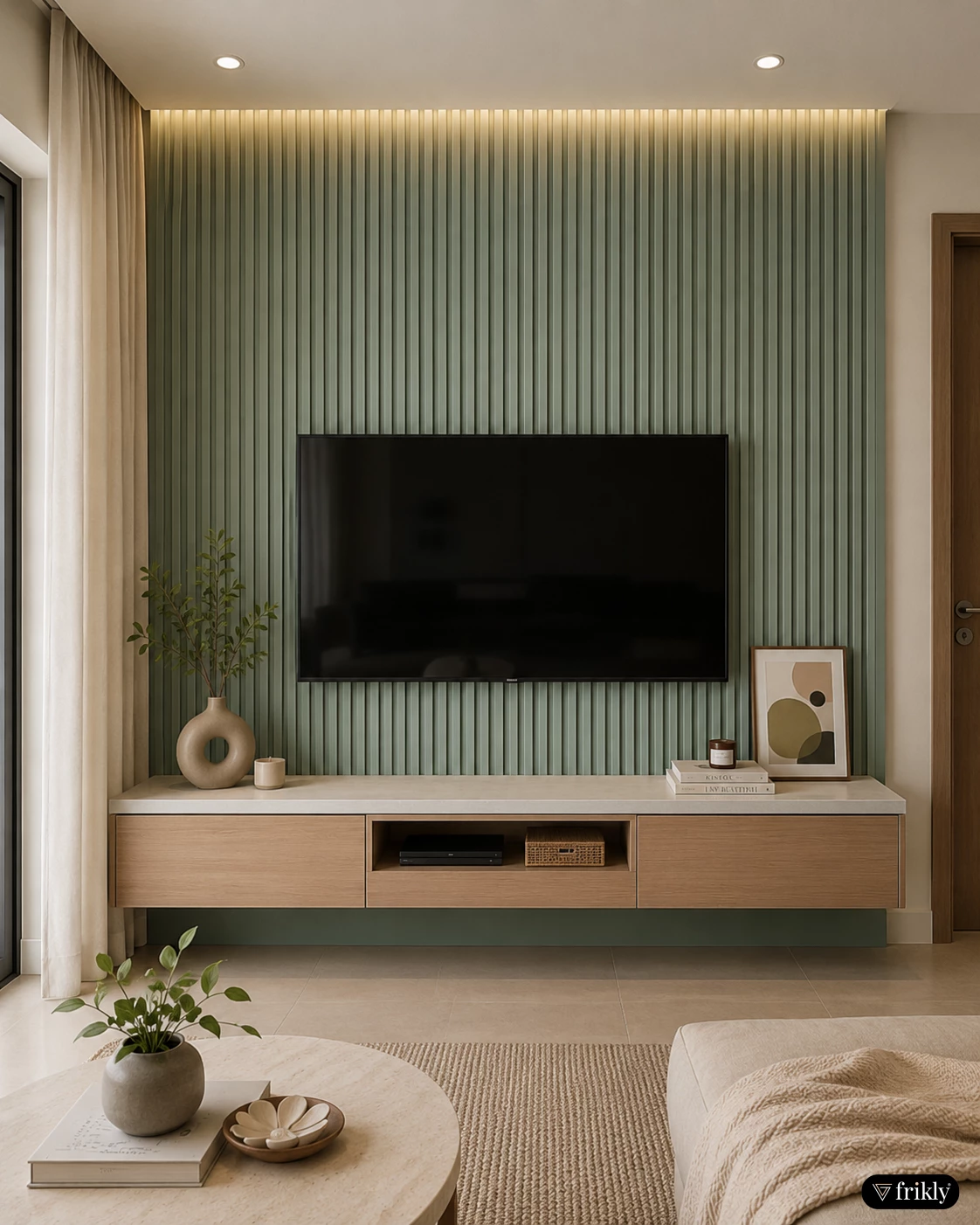 Modern Sage Green Louvers TV Unit Design | Pastel PVC Wall Panel Interior Inspiration