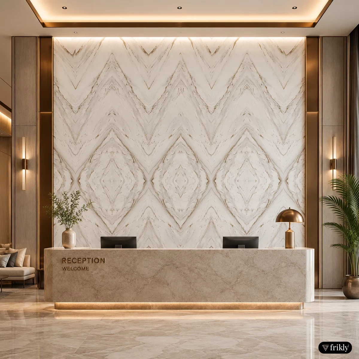 Marble & Stone Bookmatch Glossy Laminates for Luxury Hotel Reception Wall