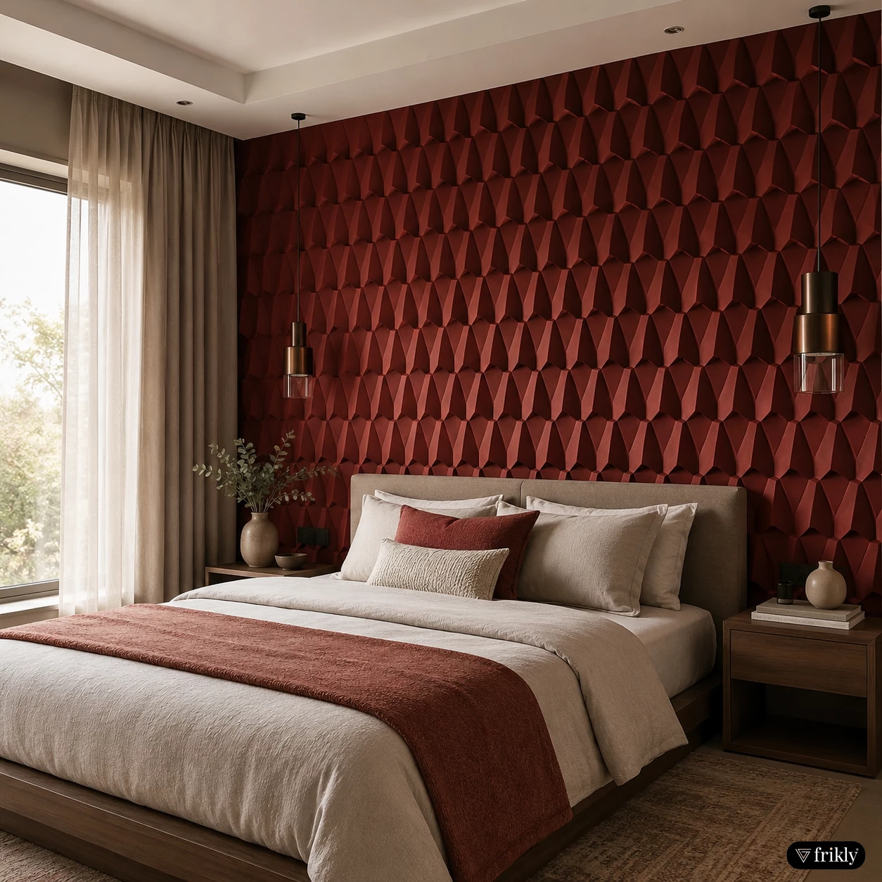 Luxury Bedroom Accent Wall with Modern 3D Wall Panels in Deep Red Finish