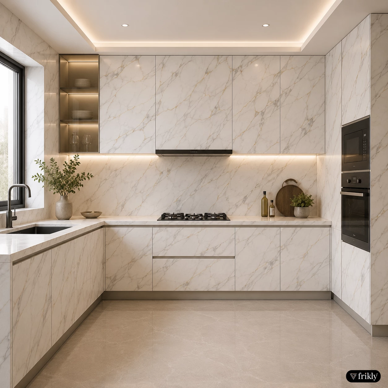 Luxury White Marble Kitchen Design with UV Marble Sheets