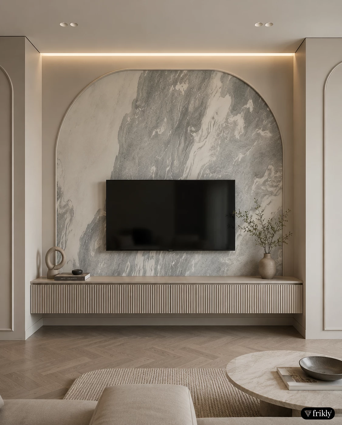 Luxury TV Unit with Grainy Stone Veneer Feature Wall
