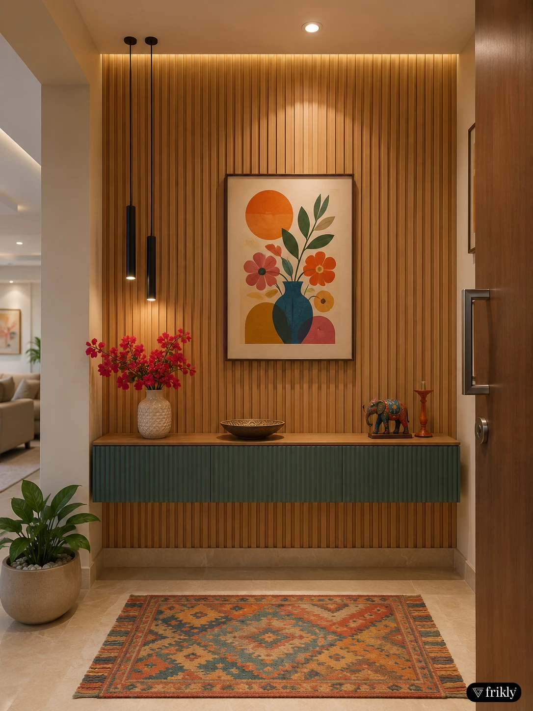 Elegant Foyer Design with Fire Retardant HDPC Wooden Louvers Panel