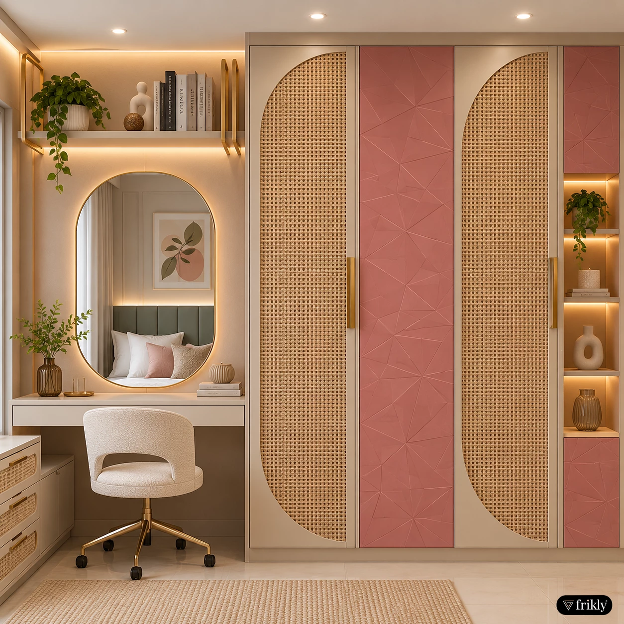 Textured Laminate & Natural Rattan Cane Wardrobe Design for Luxury Bedrooms