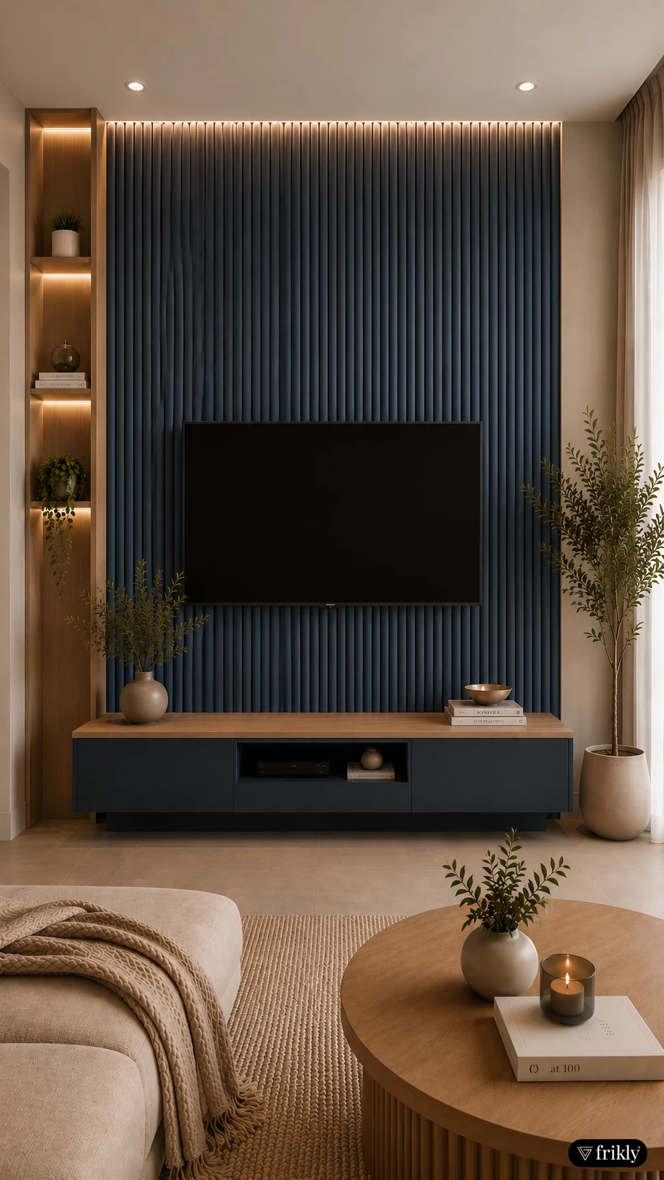 Luxury Navy Blue TV Unit Design with Pasteluxe PVC Wall Panel Louvers | Modern Living Room Interior