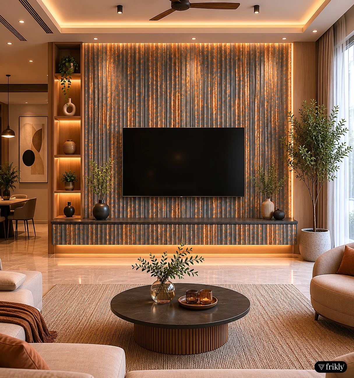 Luxury Charcoal Louvers TV Unit Wall Design | Modern Living Room Feature Wall