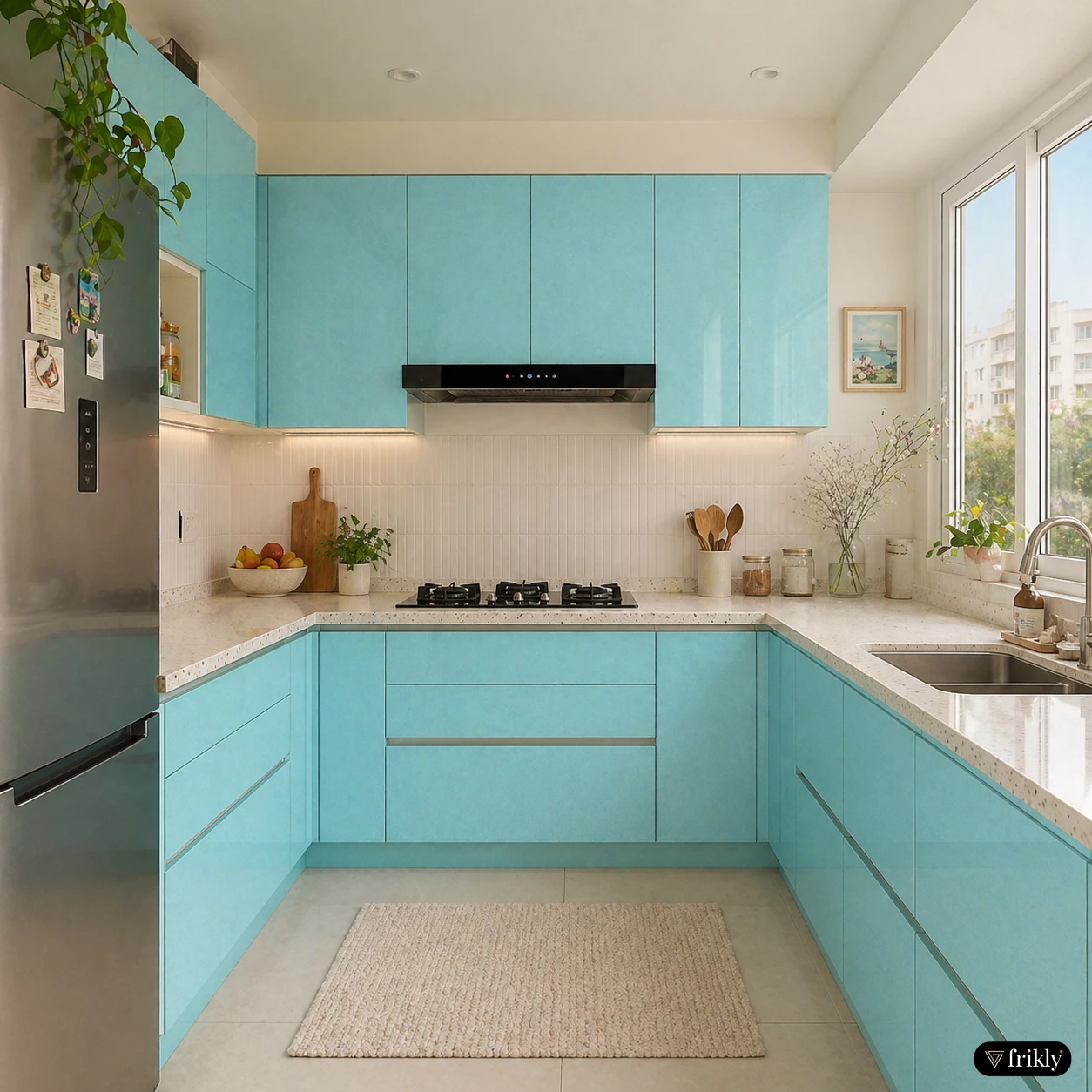 Luxury Aqua Blue Metallic Sparkle Laminate Kitchen Design | Modern Glossy Acrylic Cabinets
