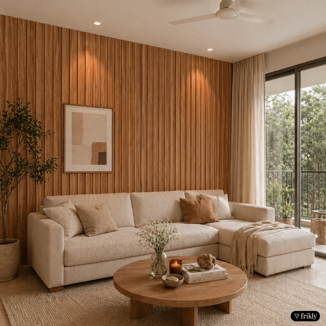 Modern Living Room with Wooden Fluted Louvers Wall Panels | Fire Retardant HDPC Interior Design