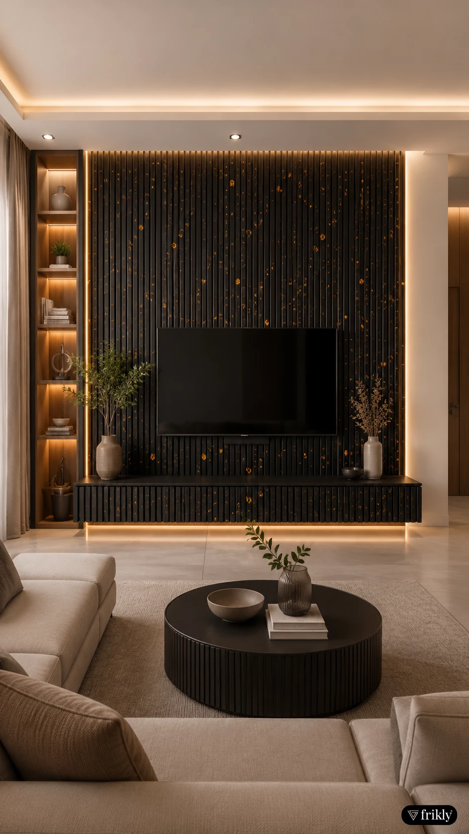 Luxury Black Louver TV Unit Wall Design | Modern Living Room Feature Wall