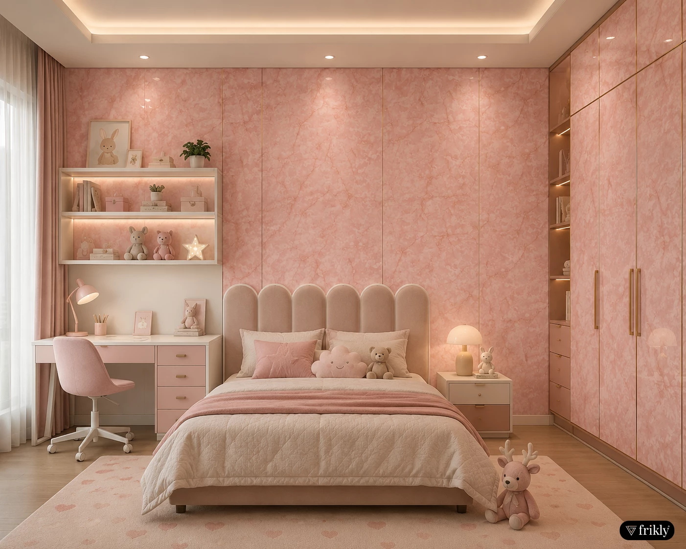 Marble & Stone Glossy Acrylic Laminates for Kids Room | Elegant Pink Wardrobe & Wall Design