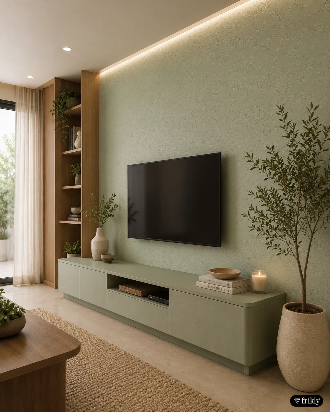 Modern Sage Green Rustic Laminate TV Unit Wall Design for Contemporary Living Rooms