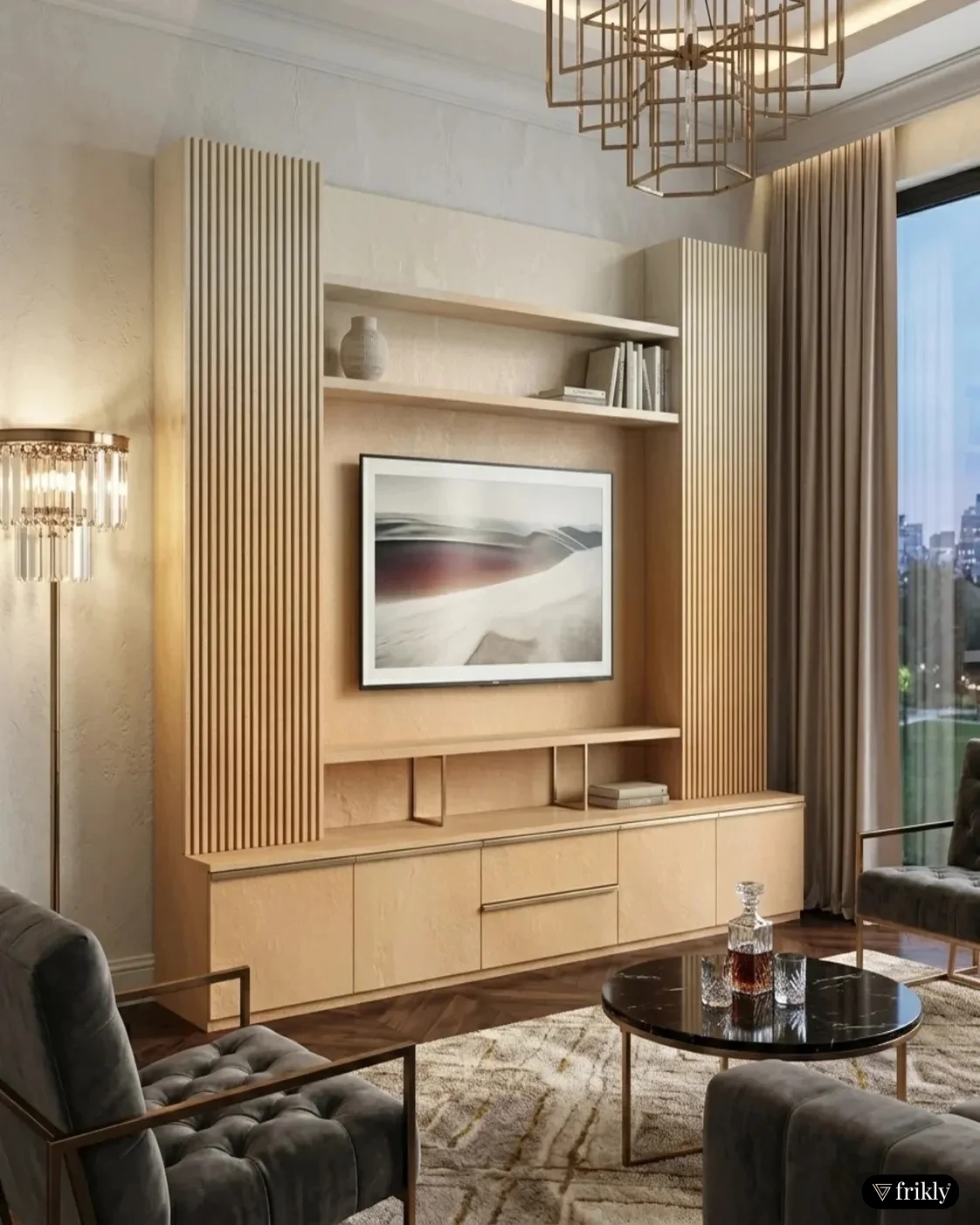 Modern Boho TV Unit Panel with Warm Wood Laminate