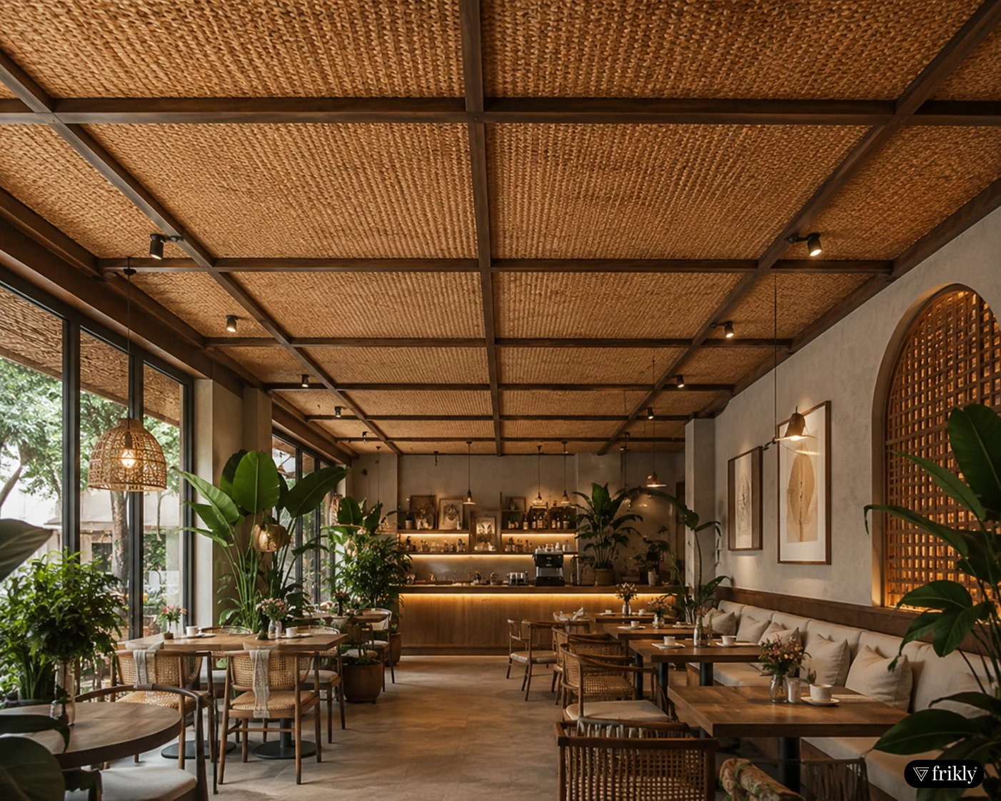 Sitalpati Mats Rattan Sheet Ceiling Design for Cozy Café Interiors