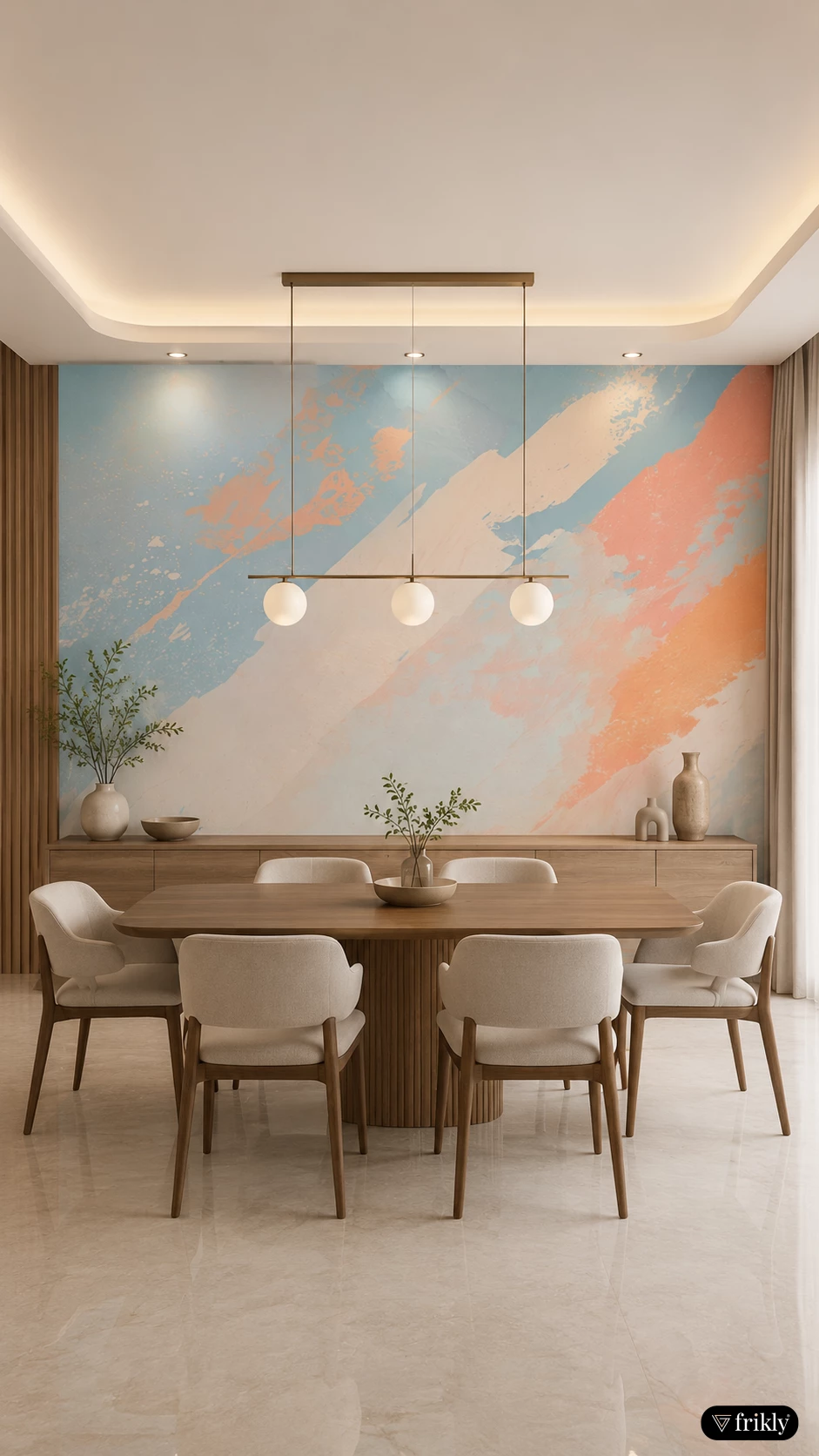 Modern Dining Area Design with Boho Laminates | Artistic Pastel Accent Wall Interior