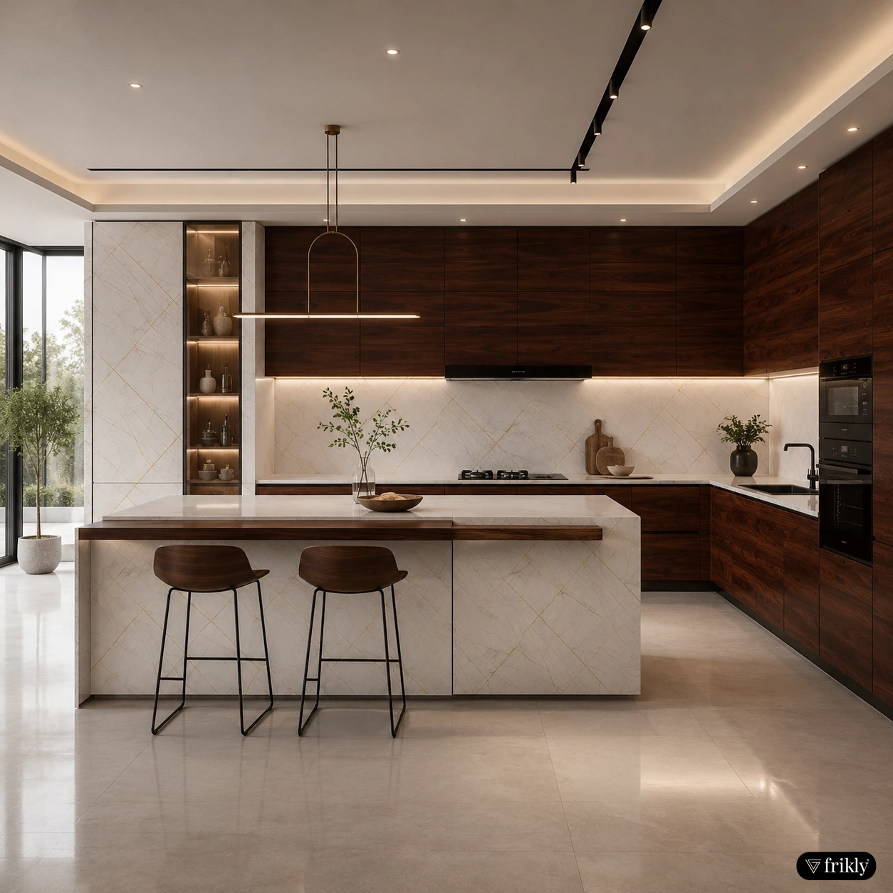 Luxury Modern Kitchen Design with UV Marble Sheets & Natural Veneer | Elegant Contemporary Interior