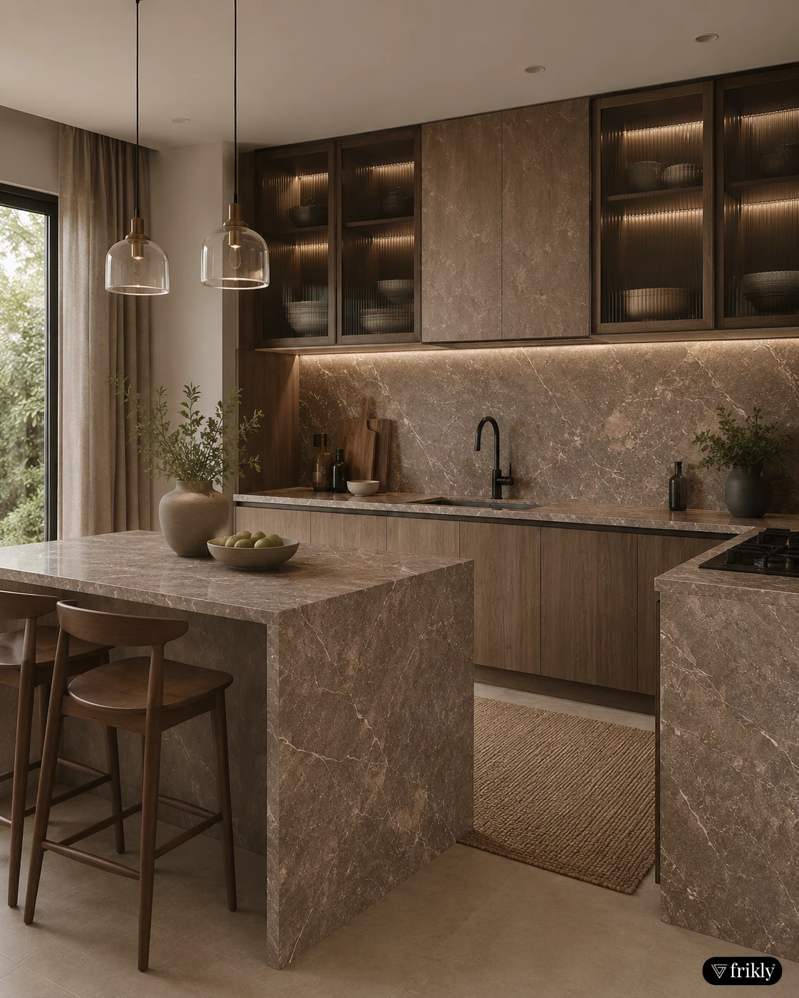Luxury Marble & Stone Textured Laminates Kitchen Design | Modern Brown Modular Kitchen