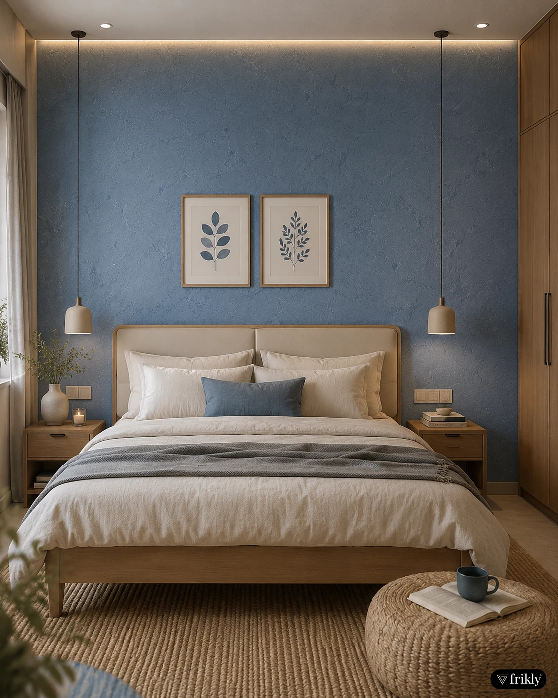 Modern Blue Rustic Textured Bed Back Wall Design | Elegant Bedroom Laminate Inspiration