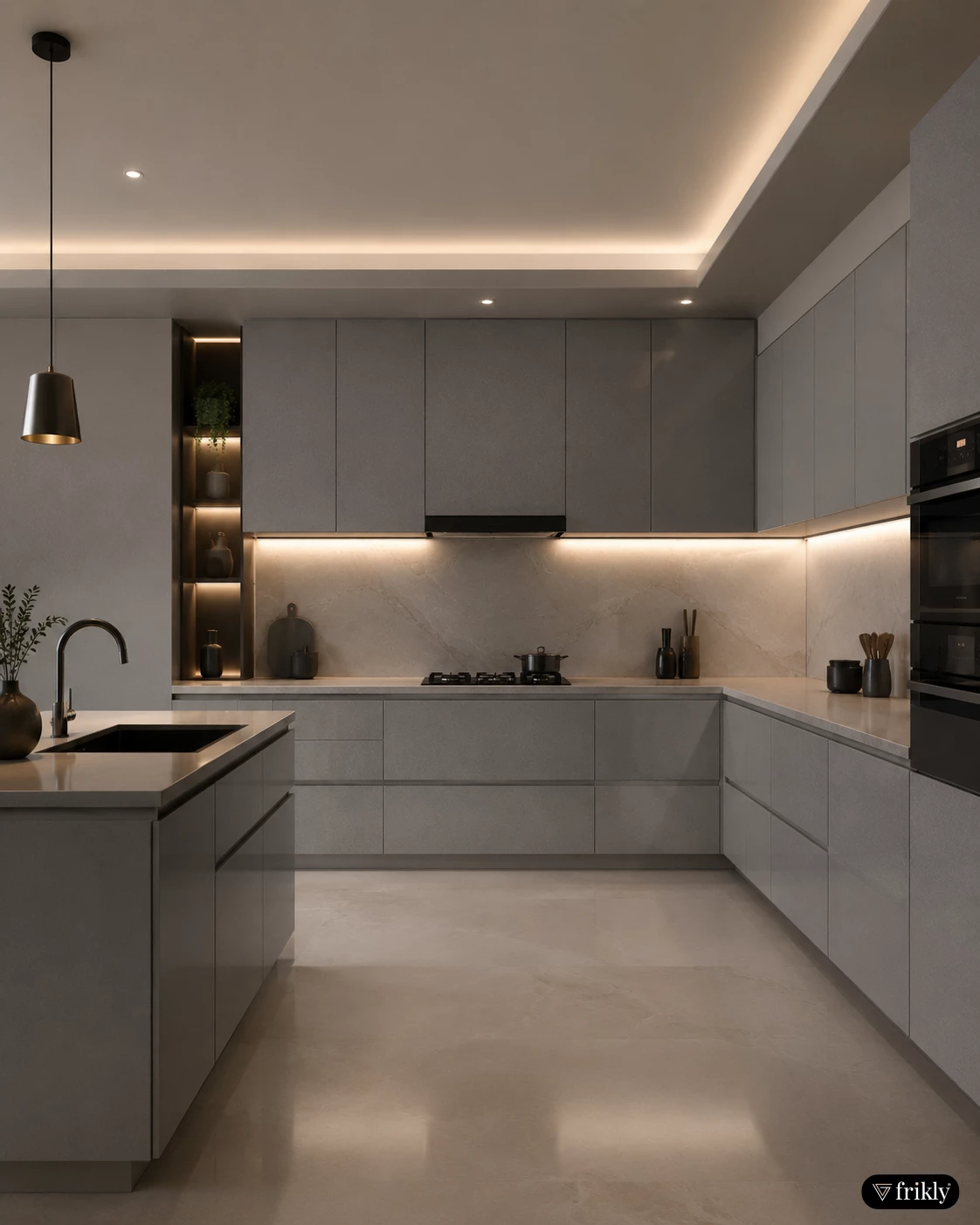 Modern Grey Kitchen Design with Metallic & Sparkle Glossy Acrylic Laminates | Luxury Modular Kitchen