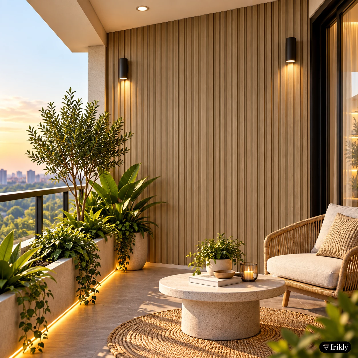 Wooden Fluted Louvers for a Warm and Modern Balcony Wall