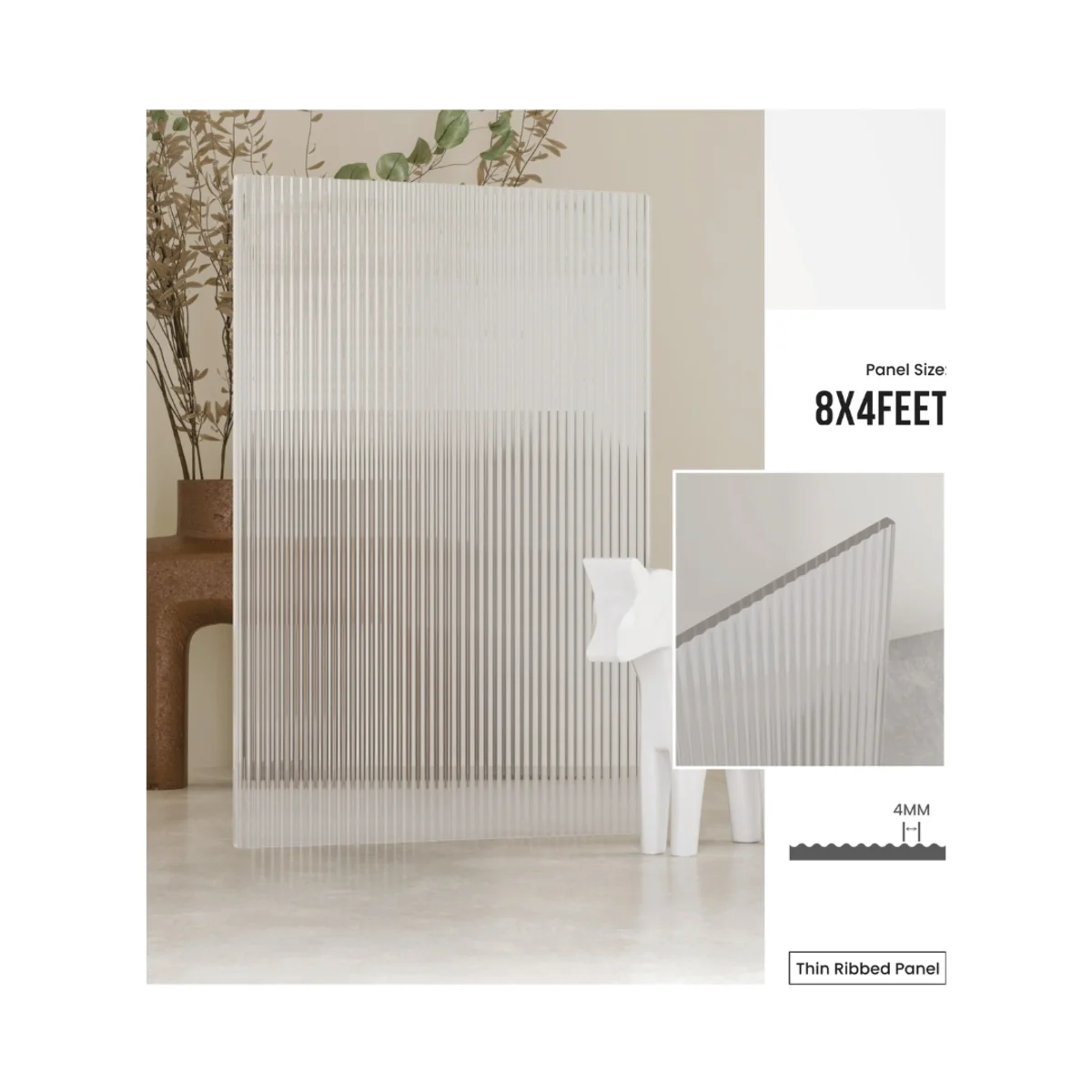 FlutoGlass 4 mm Fluted Glass Acrylic 8 Feet x 4 Feet | Clear Fluted No 1