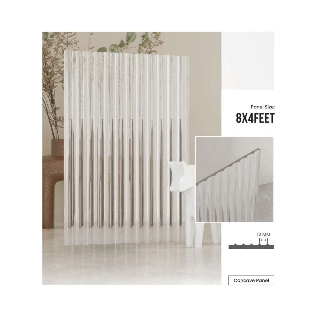 FlutoGlass 4 mm Fluted Glass Acrylic 8 Feet x 4 Feet | Clear Fluted No 3